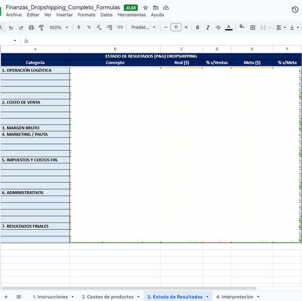Plantilla Financiera y Estado de Resultados para Dropshipping